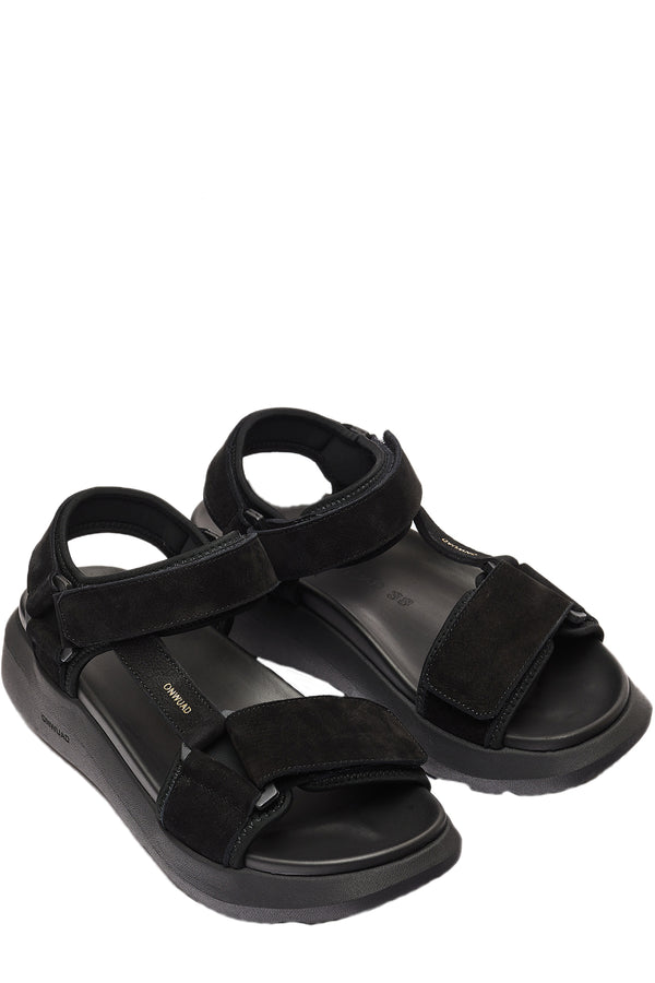 The Schon Tech Nubuck Leather Sandals in black colour from the brand Onwuad