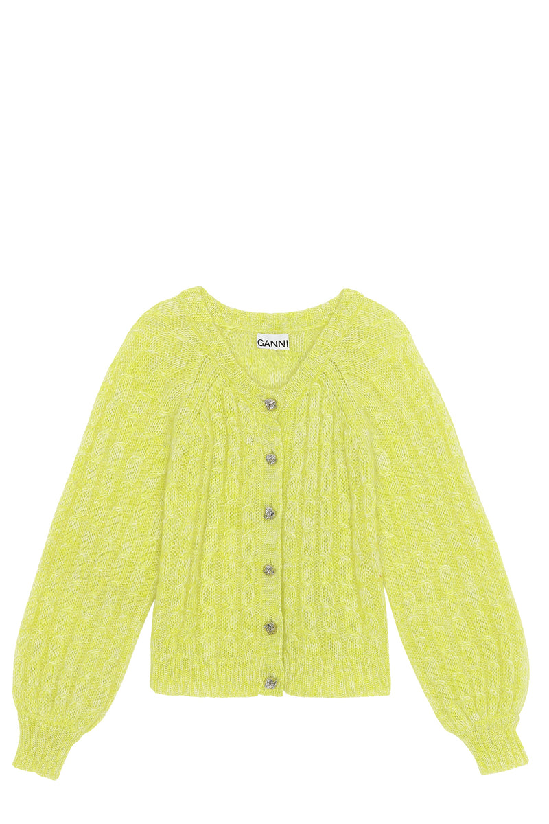 GANNI | Puff-Sleeve Cable-Knit Mohair-Blend Cardigan