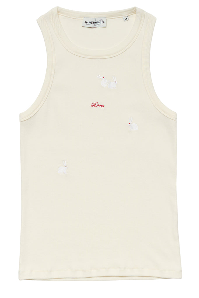 Front view of the Carne Bollente tank top titilation in offwhite colour
