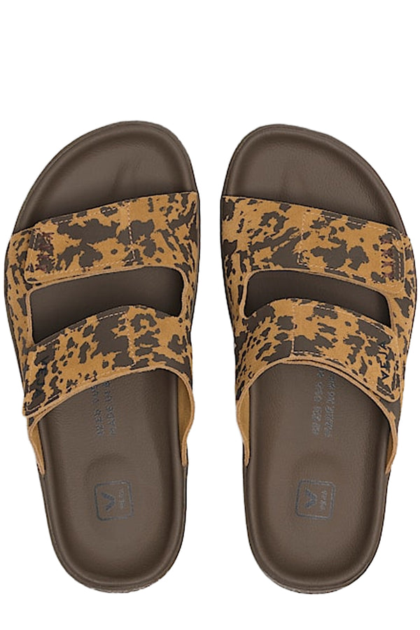 Top view of Veja sandals in brown with dark brown patterns made from leather shown against a plain white background.