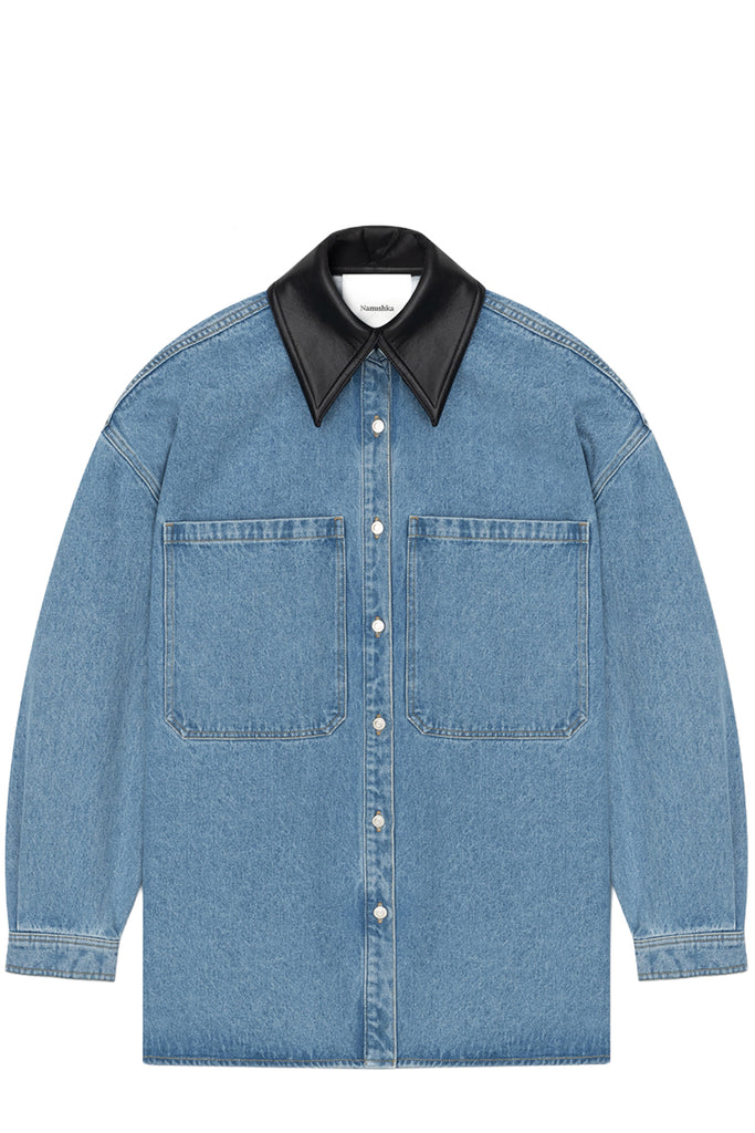 A light blue denim shirt jacket with a contrasting black leather collar, shown flat against a white background.