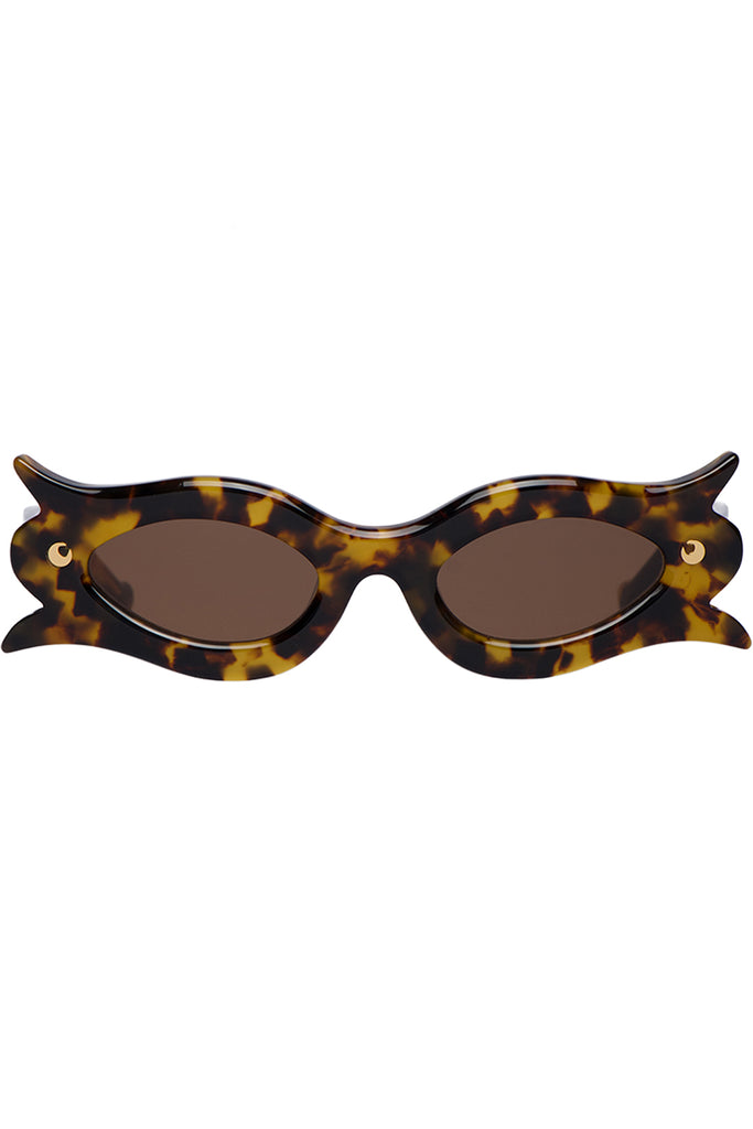 Cat-ear sunglasses with a tortoiseshell patterned frame and dark brown lenses, shown against a plain white background.