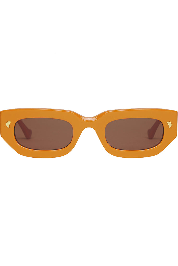 Bright orange acetate sunglasses with brown tinted lenses, shown from the front against a plain white background.