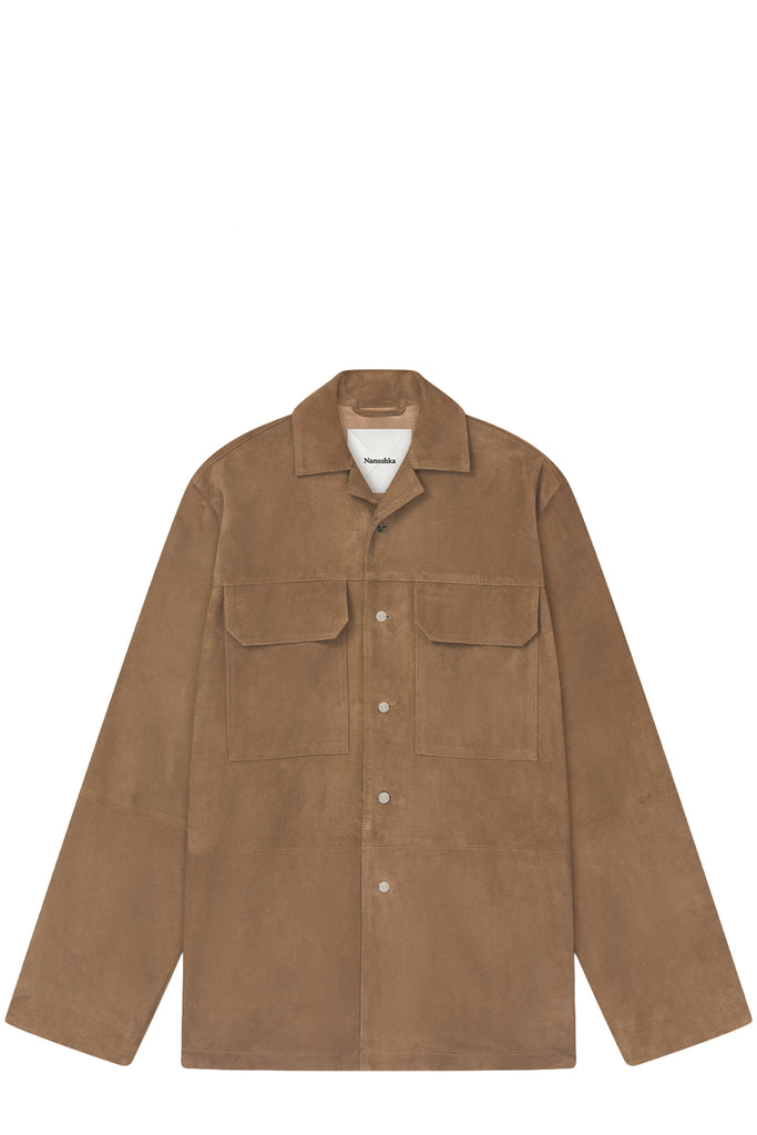A brown suede long-sleeve button-up shirt jacket with two buttoned chest flap pockets, displayed flat against a solid white background.