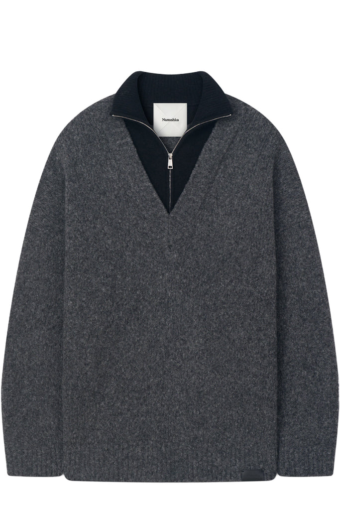A dark gray textured knit sweater with a contrasting dark navy blue inner collar and a short front zipper, shown against a plain white background.