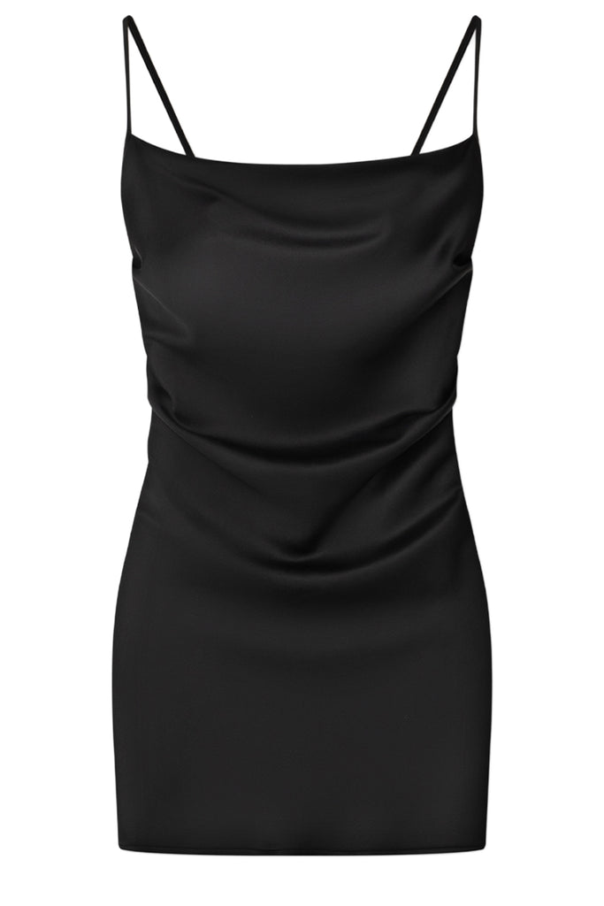 A black satin slip dress with thin spaghetti straps, a draped neckline, and a ruched waist, shown against a plain white background.