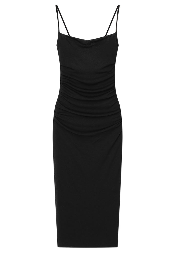 A black spaghetti-strap midi dress with a draped, ruched bodice, shown against a plain white background.
