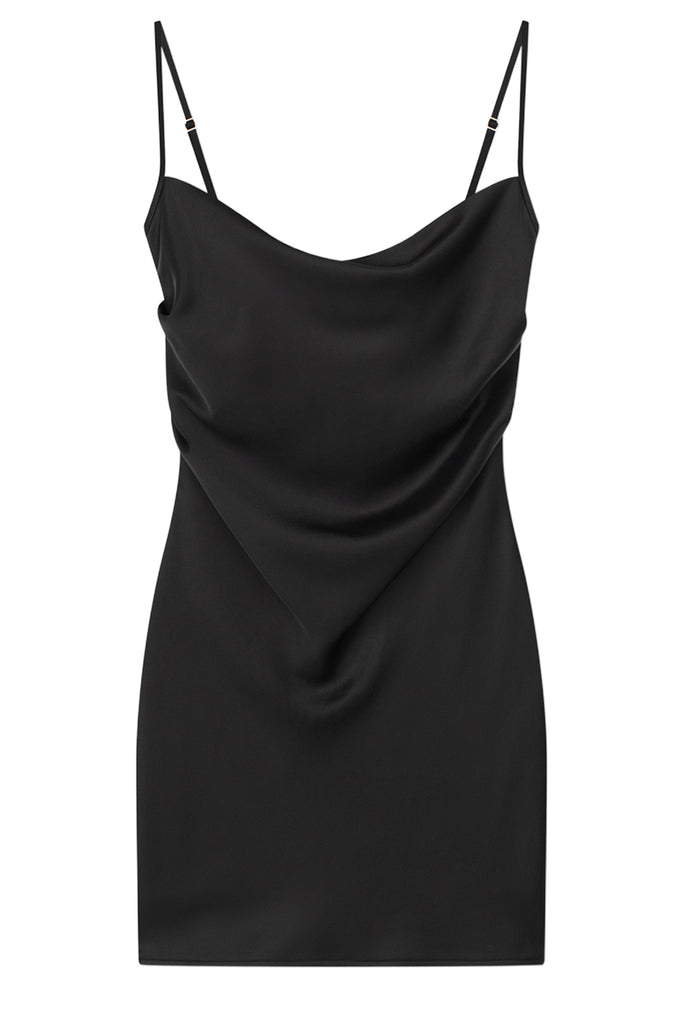 A black satin slip dress with thin spaghetti straps and a draped, cowl neckline, shown against a plain white background.