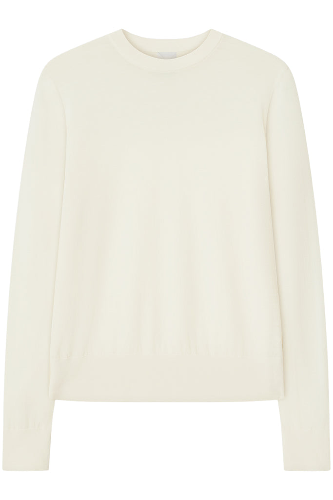 An off-white crewneck sweater with long sleeves, shown against a plain white background.