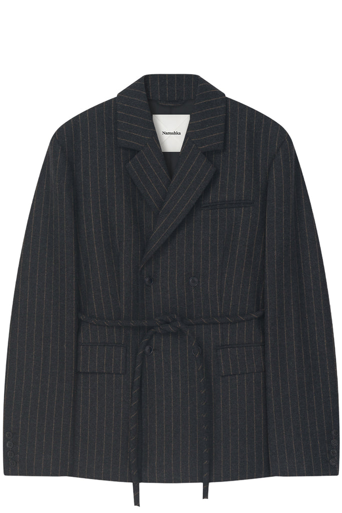 A dark charcoal gray pinstripe double-breasted blazer with a matching tie belt, shown flat against a plain white background.