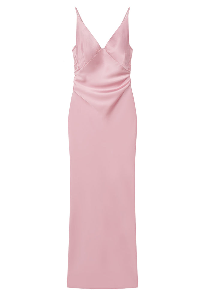 A light pink satin slip dress with thin spaghetti straps, a V-neckline, and a draped ruched bodice, shown against a plain white background.