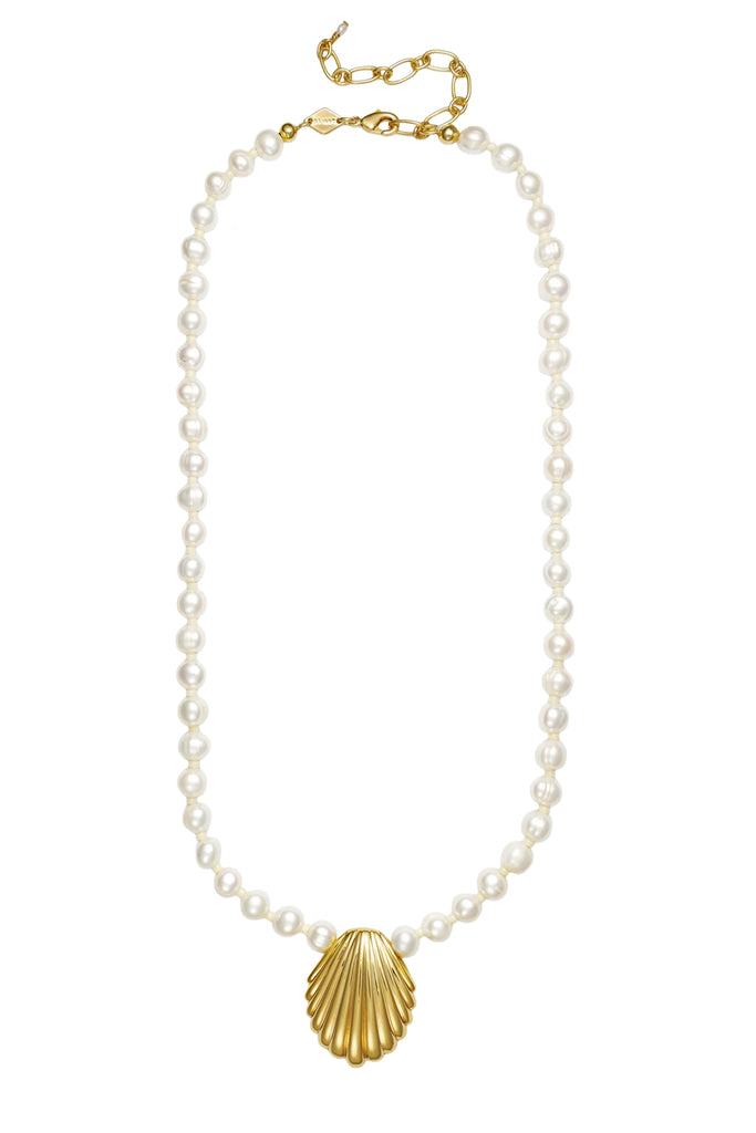 A pearl necklace with a gold shell pendant, displayed on a clean white background.