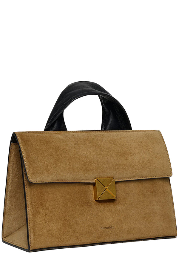 Rotated view of Nanushka suede handbag in brown, shown against a plain white background.