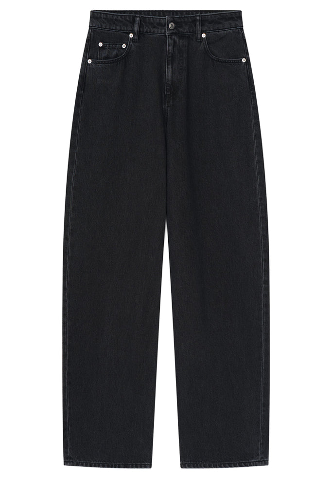 Black wide-leg denim jeans with silver rivets on the front pockets, shown flat against a white background.