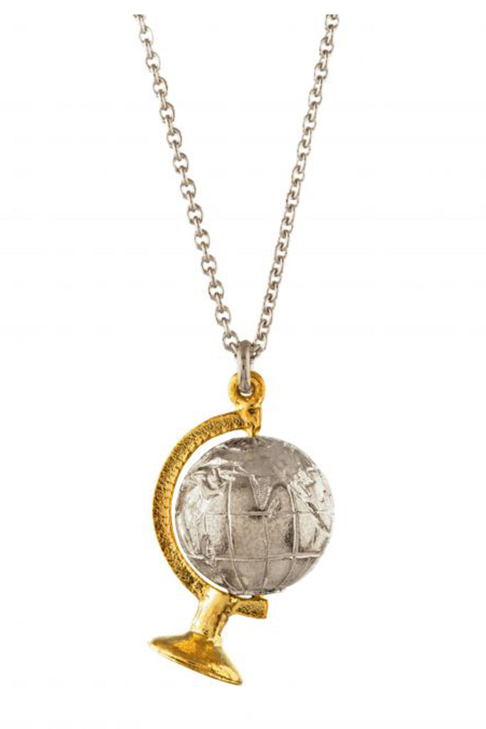 The spinning globe necklace in gold and silver colour from the brand ALEX MONROE