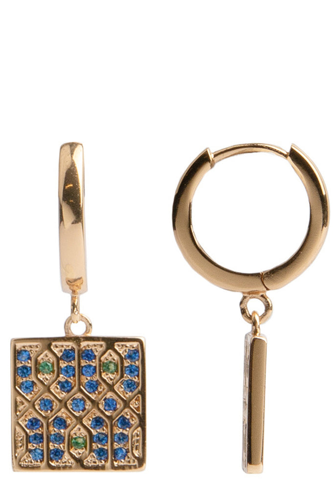 The graphic square earrings in gold, blue and green colour from the brand ALL THE LUCK IN THE WORLD