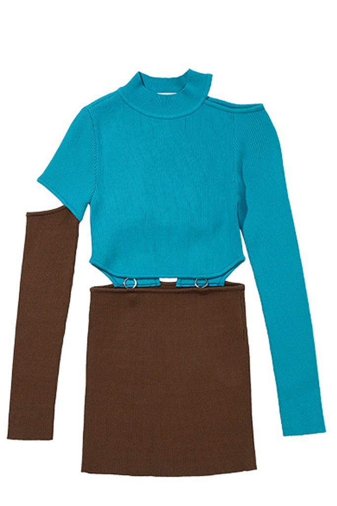 The buckled back knit dress in blue and brown colors from the brand ANDERSSON BELL