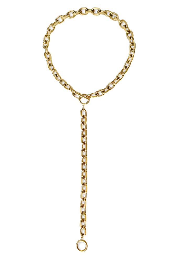 The Juliet lariat necklace in gold colour from the brand ANISA SOJKA