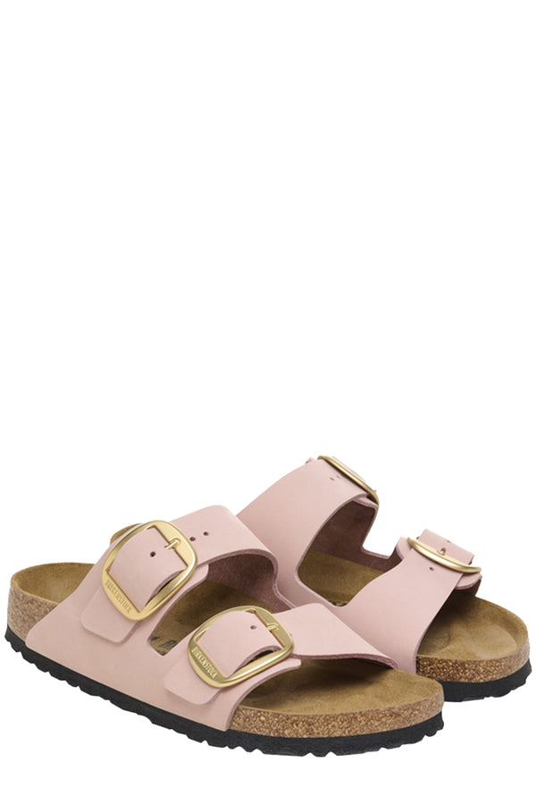 The Arizona Big Buckle Nubuck Leather Sandals in soft pink colour from the brand BIRKENSTOCK