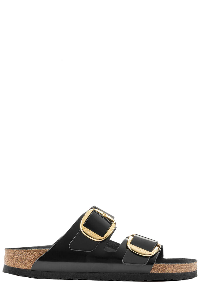 The Arizona High Shine Leather Side Buckle Sandals in black colour from the brand BIRKENSTOCK