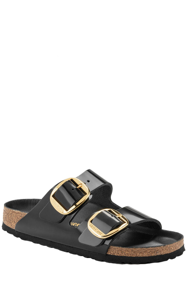 The Arizona High Shine Leather Side Buckle Sandals in black colour from the brand BIRKENSTOCK