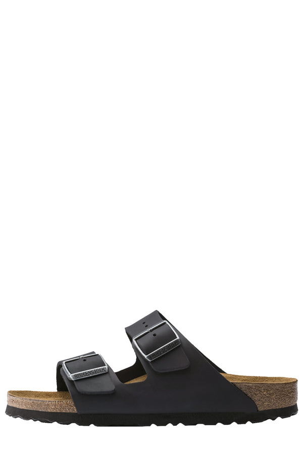 The Arizona Oiled Leather Side Buckle Sandals in black colour from the brand BIRKENSTOCK