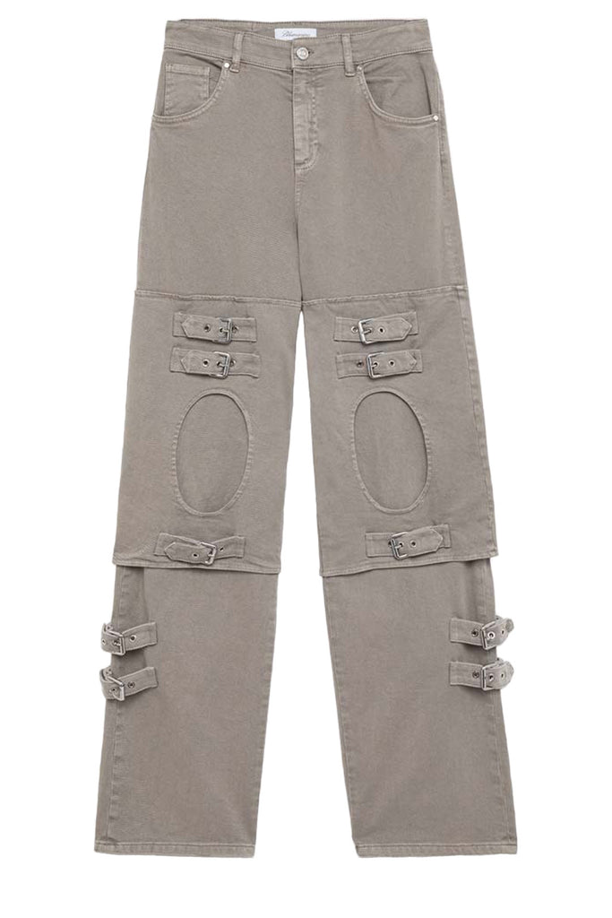The multi belt-detail panelled boyfriend jeans in taupe color from the brand BLUMARINE