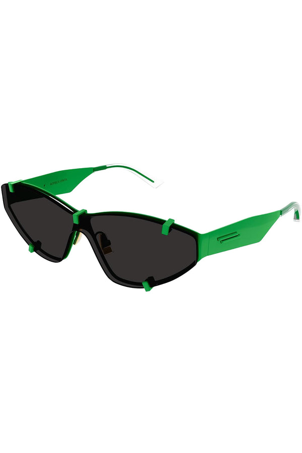 The narrow metal shield sunglasses in green colour and black lenses from the brand BOTTEGA VENETA