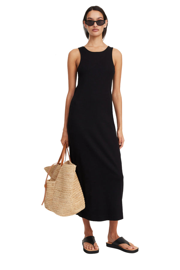Model wearing the Lovelo Sleevless Maxi Dress in black colour from the brand BY MALENE BIRGER