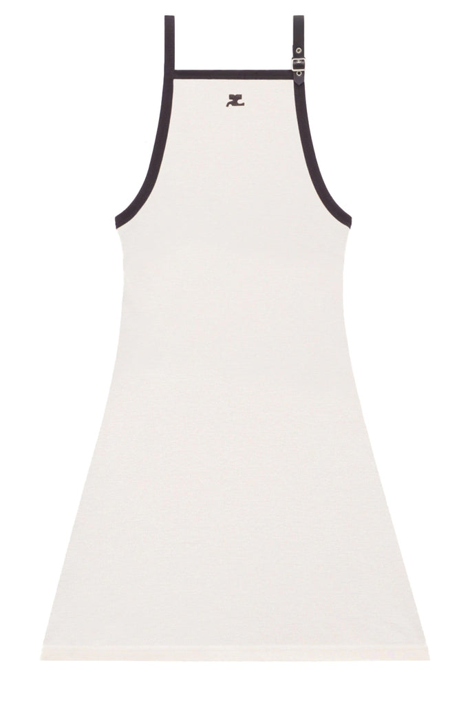 The Buckle-Detail Contrast-Trim Dress in beige and black colours from the brand COURRÈGES