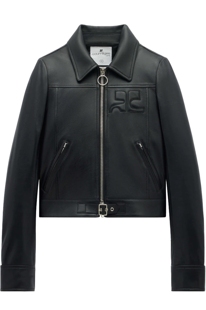 The Iconic Zipped Leather Jacket in black colour from the brand COURRÈGES