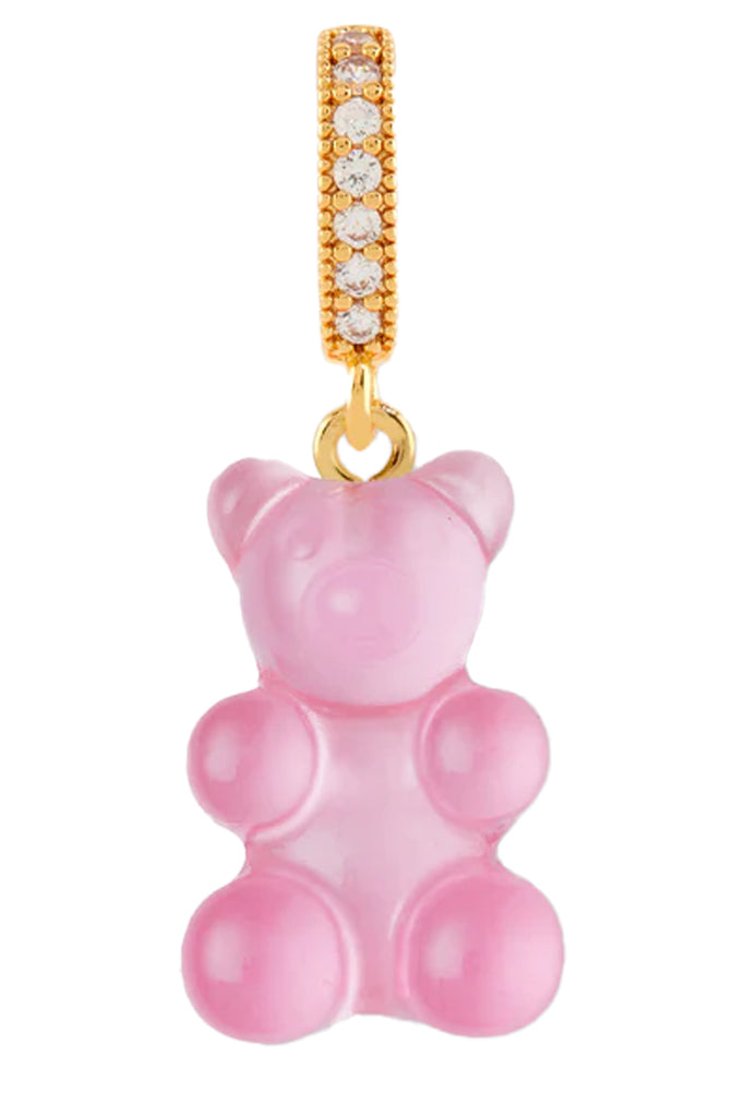 The mega nostalgia bear pendant with pave connector in gold and bubblegum pink colour from the brand CRYSTAL HAZE