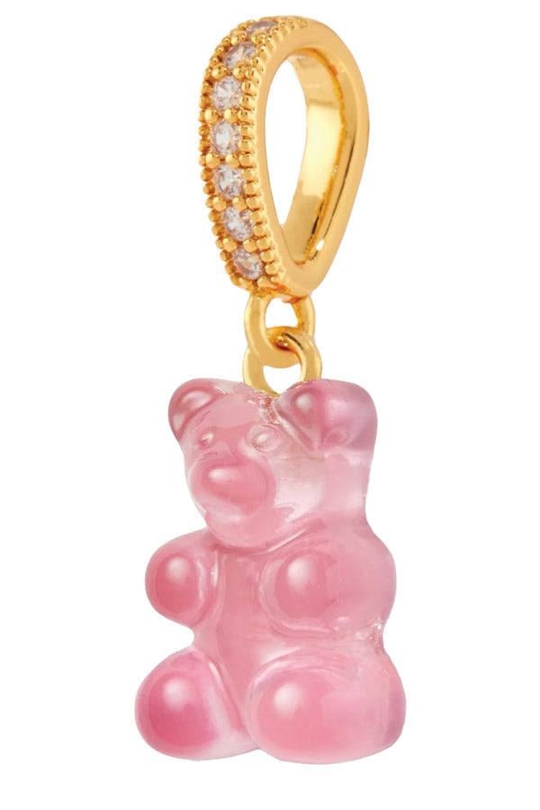 The nostalgia bear pendant with pave connector in gold and bubble gum colors from the brand CRYSTAL HAZE
