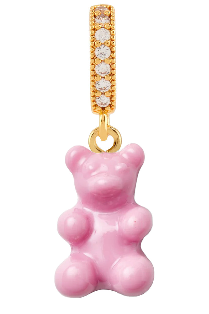 The nostalgia bear pendant with pave connector in candy pink and gold colors from the brand CRYSTAL HAZE