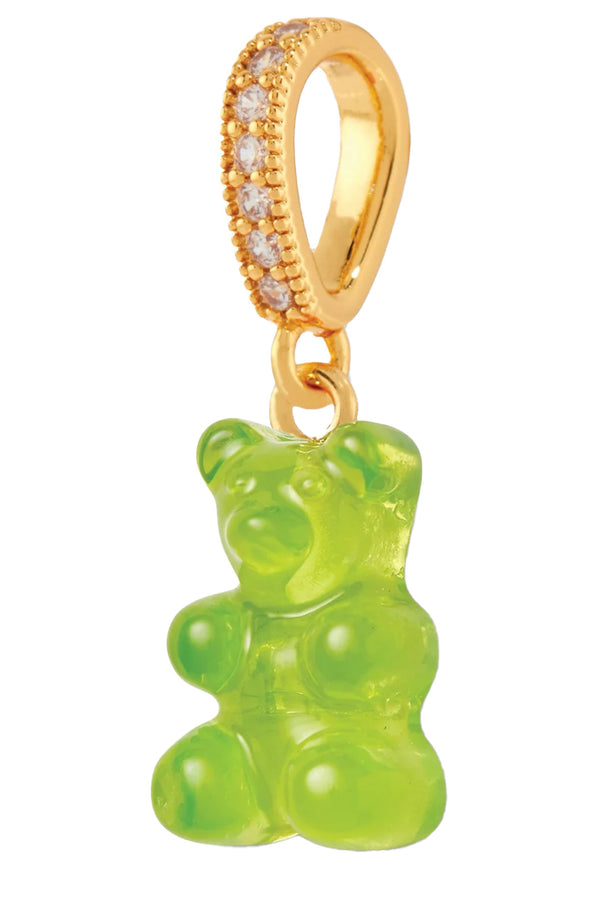 The nostalgia bear pendant with pave connector in gold and lime colors from the brand CRYSTAL HAZE