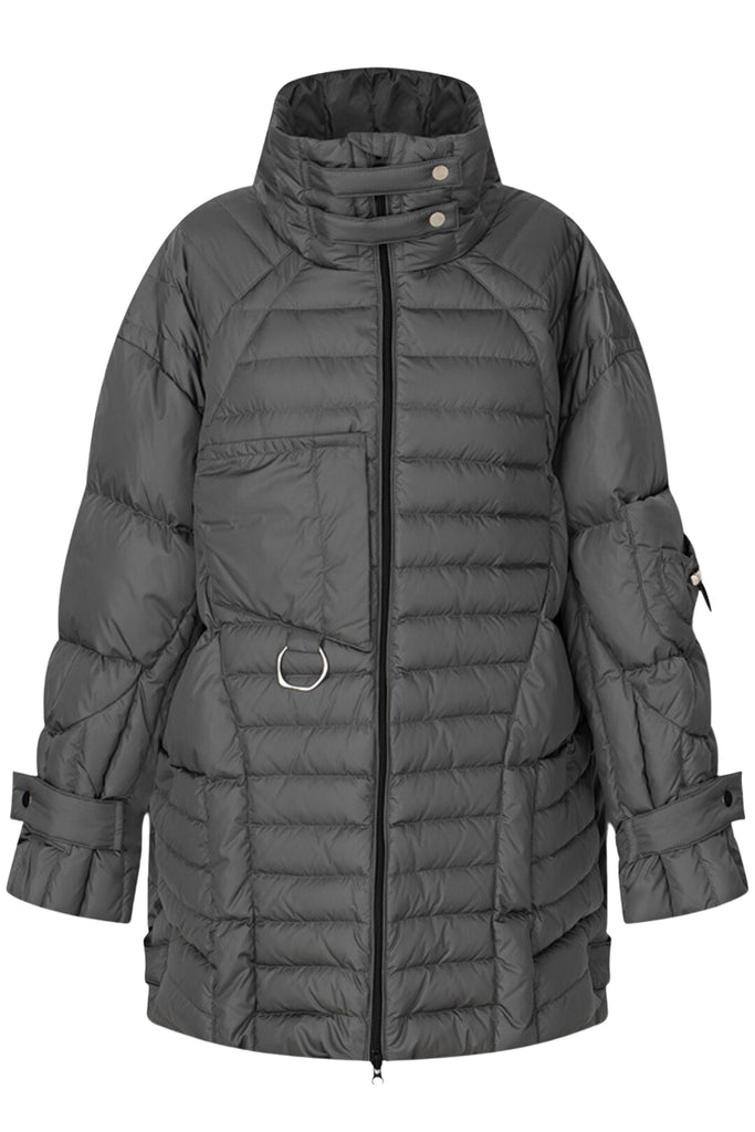 The Harper asymmetric-detail puffer jacket in grey colour from the brand CUKOVY