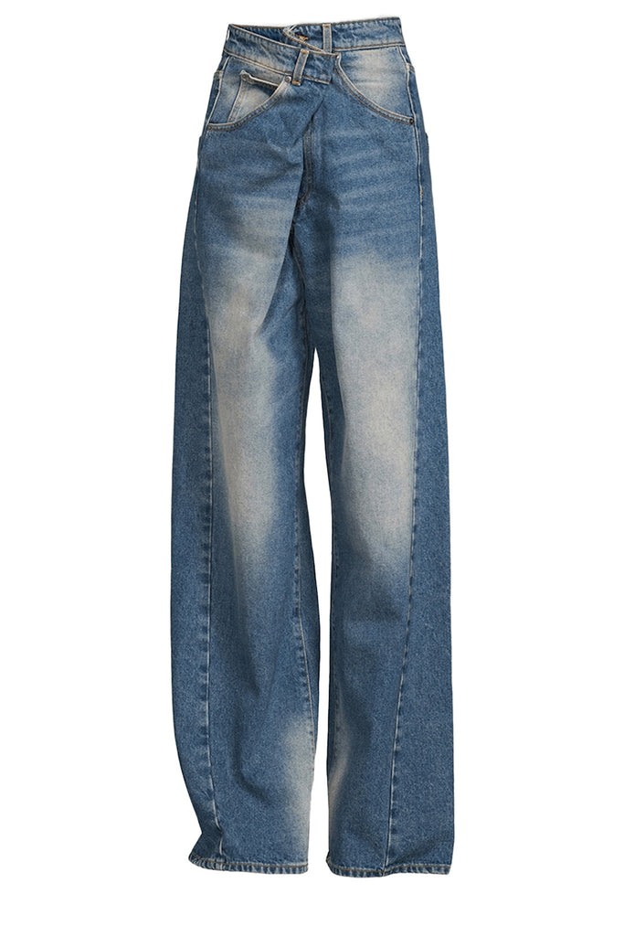 The Ines fold-over denim jeans in light wash blue color from the brand DARKPARK