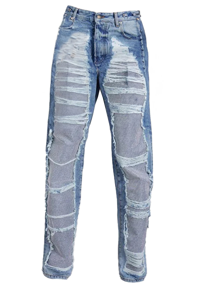 The Karen crystal-panel shredded denim jeans in light wash color from the brand DARKPARK