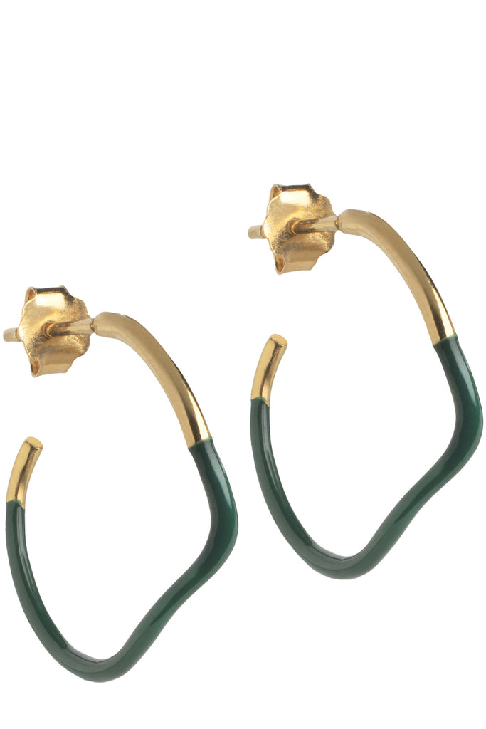 The sway hoop earrings in gold and petrol-green colour from the brand ENAMEL COPENHAGEN