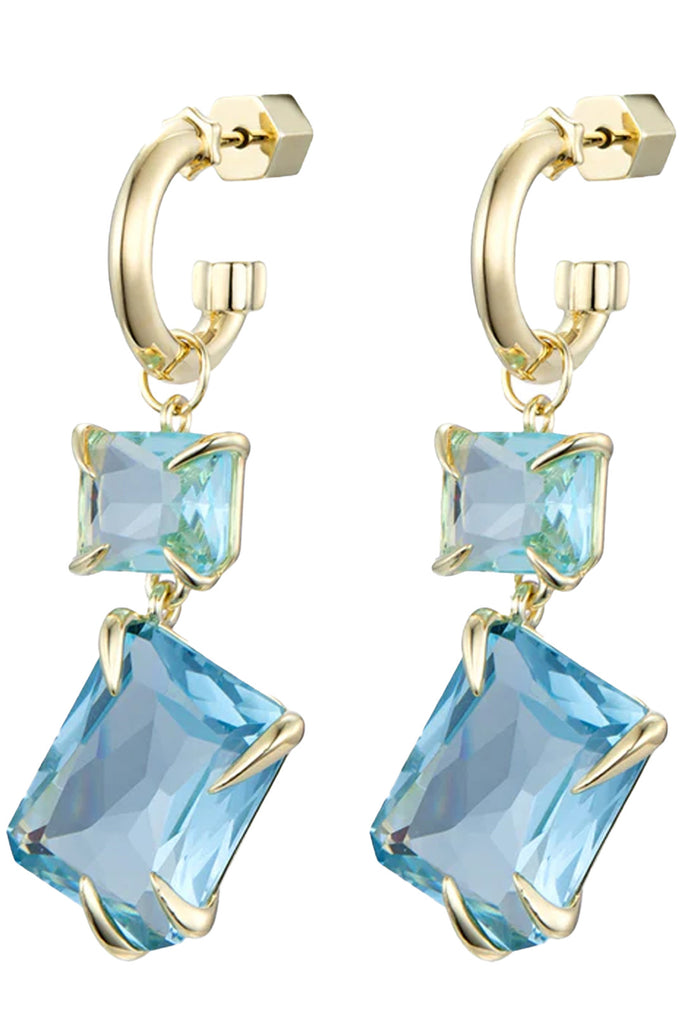 The claw double drop earrings in gold and aquamarine colour from the brand F+H JEWELLERY