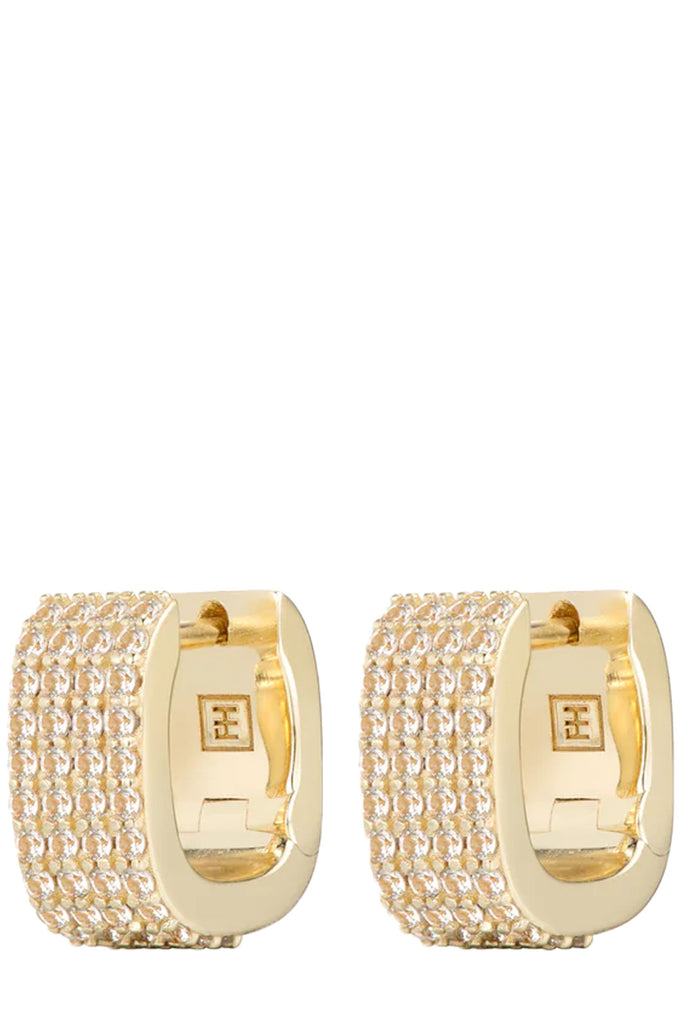 The disco gemstone huggie earrings in gold and clear colour from the brand F+H JEWELLERY