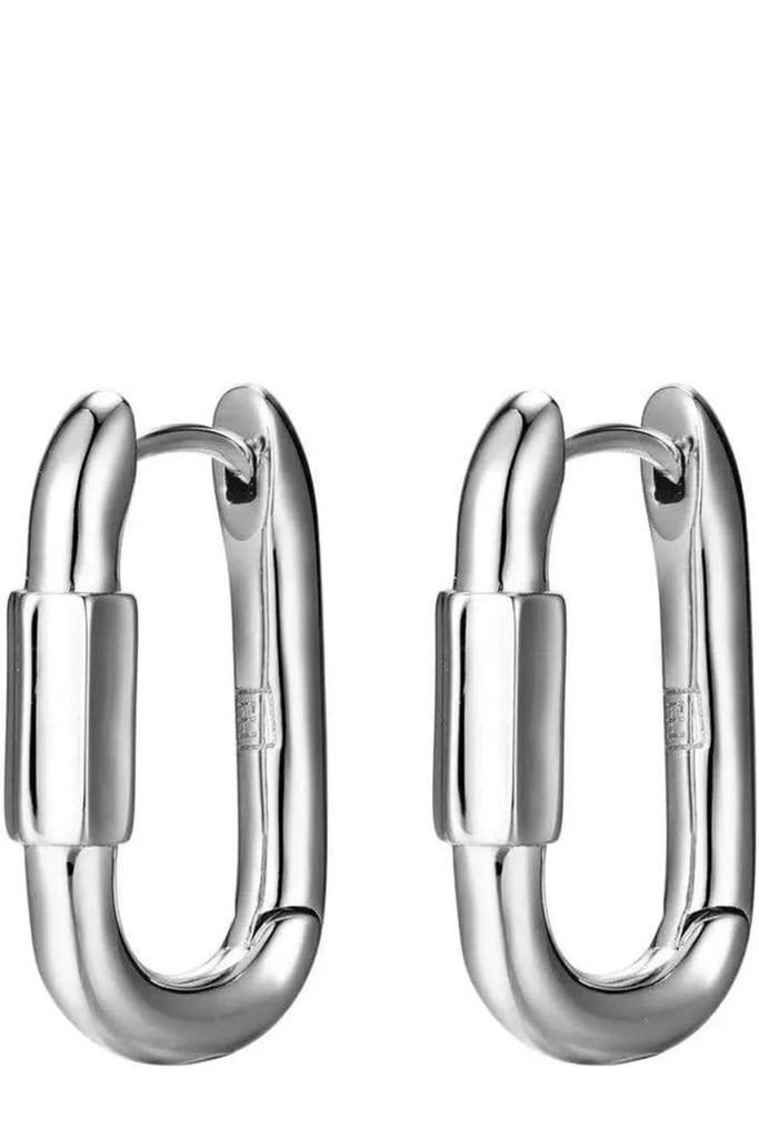 The Disengage XL hoop earrings in silver colour from the brand F+H JEWELLERY