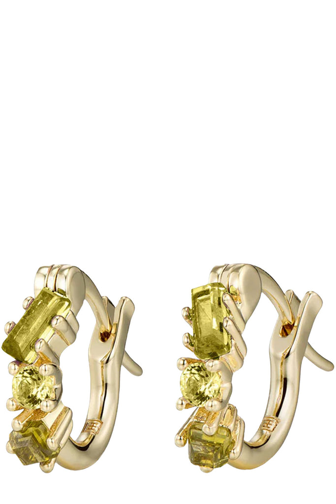 The fantasy gemstone huggie earrings in gold and peridot colour from the brand F+H JEWELLERY