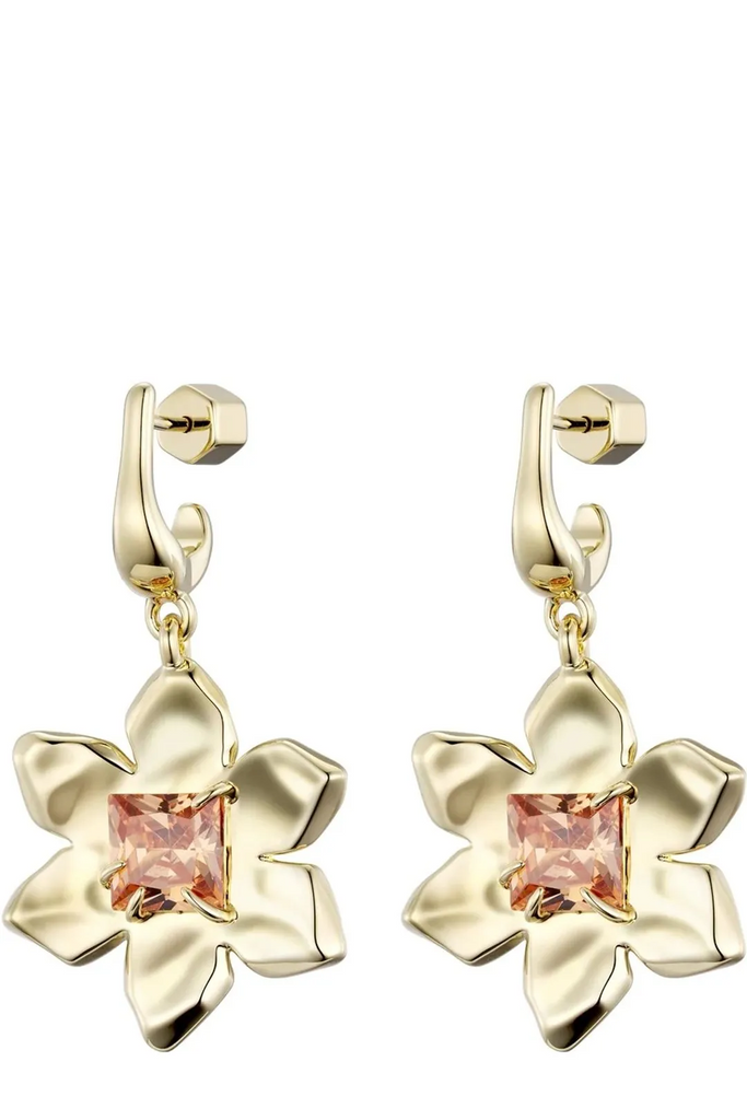 The Flower Gemstone earrings in gold and red colours from the brand F+H JEWELLERY