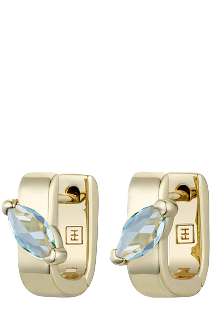 The Marquise link huggie earring in gold and aquamarine colour from the brand F+H JEWELLERY