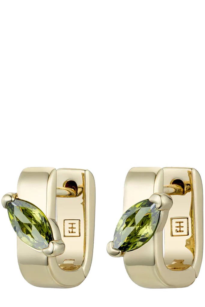 The Marquise link huggie earrings in gold and peridot colour from hte brand F+H JEWELLERY
