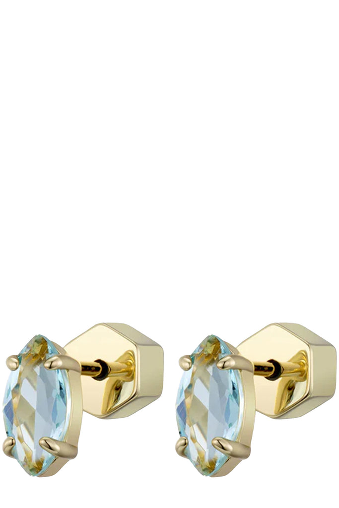 The Marquise stud earrings in gold and aquamarine colour from the brand F+H JEWELLERY