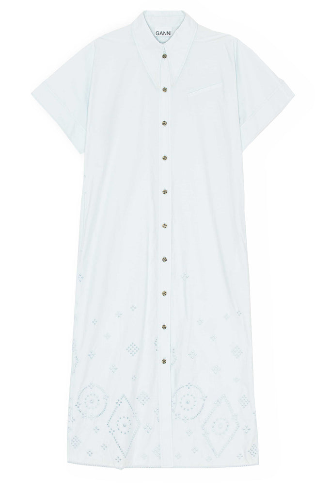 The broderie-anglaise midi shirt dress in light blue color from the brand GANNI.