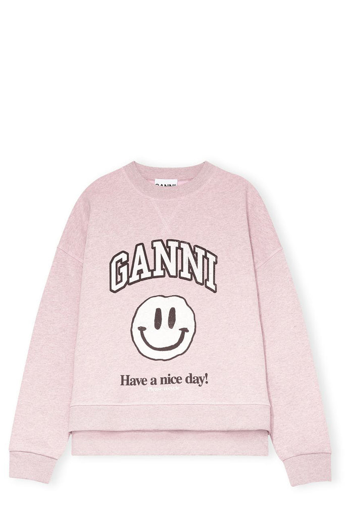 The dropped shoulder sweatshirt with smiley print in pale lilac color from the brand GANNI.