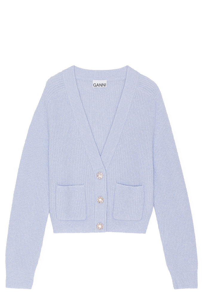 The embellished-button knitted wool cardigan in blue color from the brand GANNI.